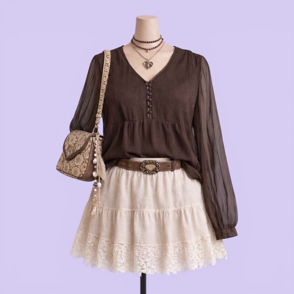 Vintage Y2K J Jill Brown 100% Silk Peasant Blouse Sheer Sleeves Women's M Boho